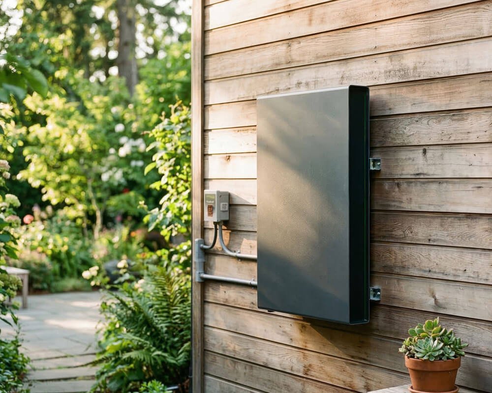 Home battery backup unit installed on an exterior wall